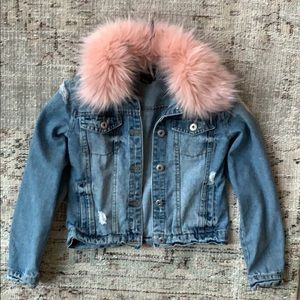Forever21 pink fur trimmed distressed Jean jacket
